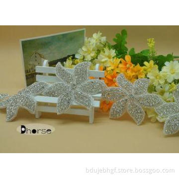 Flower Design Silver Beaded Crystal Rhinestone Trimming For